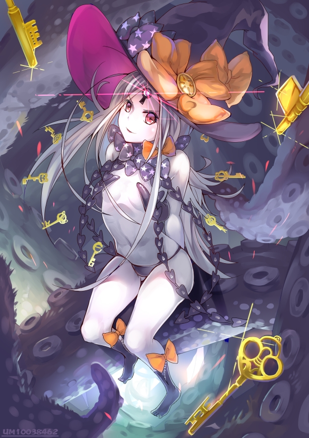 abigail_williams_(fate/grand_order) bad_feet black_bow black_hat black_panties bow commentary_request fate/grand_order fate_(series) from_above grey_hair hat hat_bow key long_hair looking_at_viewer looking_up navel orange_bow pale_skin panties pink_eyes print_bow revealing_clothes sitting smile solo star star_print tentacles underwear witch_hat yusan
