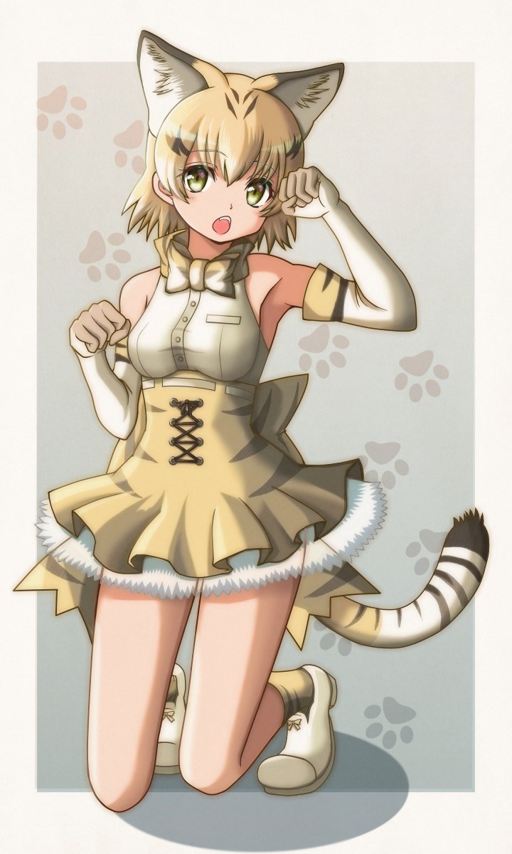 :o animal_ears bare_shoulders belt blonde_hair bow bowtie buttons cat_ears cat_tail commentary elbow_gloves extra_ears full_body gloves gon8_(rm1124) high-waist_skirt highres kemono_friends looking_at_viewer paw_pose paw_print print_gloves print_skirt sand_cat_(kemono_friends) sand_cat_print shadow shirt skirt sleeveless sleeveless_shirt solo tail yellow_eyes