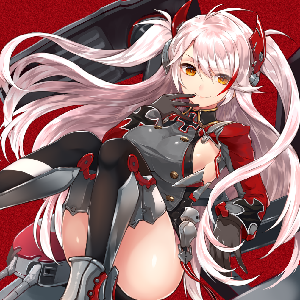 azur_lane bangs black_gloves black_legwear boots breasts bright_pupils brown_eyes cannon closed_mouth commentary_request convenient_leg eyebrows_visible_through_hair eyes_visible_through_hair feet_out_of_frame gloves hair_between_eyes hand_to_own_mouth hand_up highlights iron_cross jacket knees_together_feet_apart large_breasts long_hair long_sleeves looking_at_viewer machinery metal_boots military military_uniform multicolored_hair orange_eyes pink_hair prinz_eugen_(azur_lane) red_background red_hair rigging sideboob silver_hair simple_background smile solo sukemyon thighhighs thighs two_side_up uniform very_long_hair