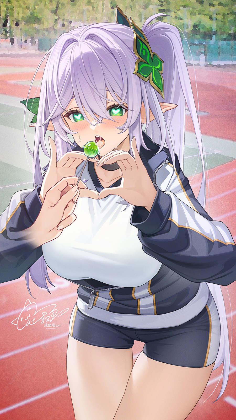 1girl aged_up alternate_costume black_jacket blush breasts candy catsmoon chupa_chups closed_mouth cowboy_shot disembodied_limb food genshin_impact green_eyes grey_hair hair_between_eyes hair_ornament heart heart-shaped_pupils heart_hands highres holding holding_candy holding_food jacket large_breasts lollipop long_hair long_sleeves nahida_(genshin_impact) open_mouth outdoors partially_unzipped pointy_ears saliva shirt signature smile solo symbol-shaped_pupils thighs tongue tongue_out track_uniform white_shirt