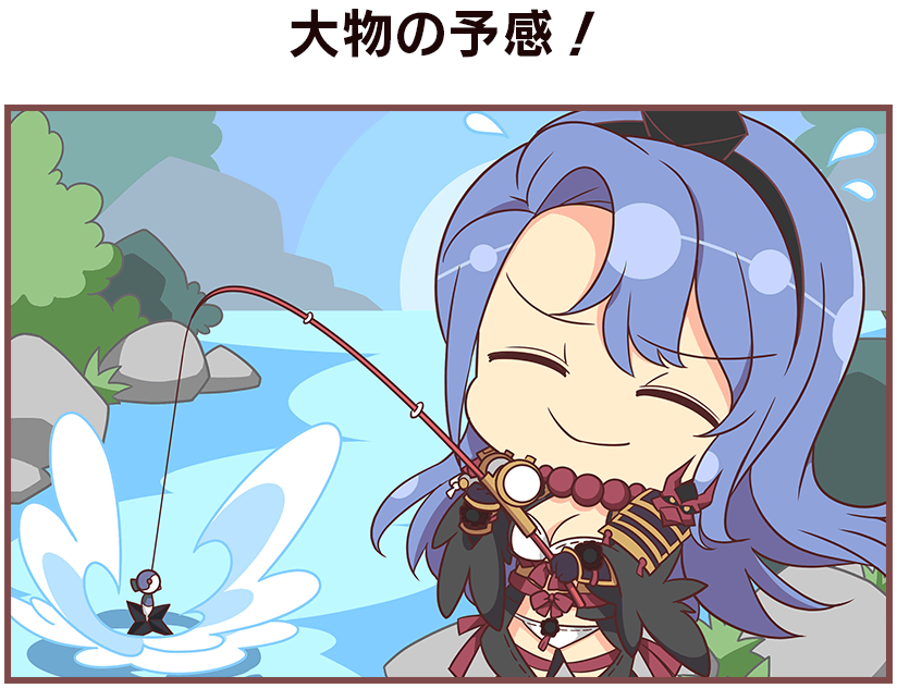 1girl ^_^ armor artist_request bait beads black_gloves black_hairband blue_hair bra breasts bush chibi chibi_only cleavage closed_eyes day fishing fishing_line fishing_lure fishing_rod gloves hairband hat holding holding_fishing_rod japanese_armor kote kurokote large_breasts long_hair nachi_(senran_kagura) official_alternate_costume official_art outdoors panties pom_pom_(clothes) prayer_beads revealing_clothes ribbon-trimmed_bra ribbon-trimmed_panties river rock senran_kagura senran_kagura_new_link senran_kagura_new_wave shoulder_armor shuriken smile sode solo splashing tohno_tengu_shinobi_group_uniform tokin_hat translation_request tree underwear water weapon white_bra white_panties