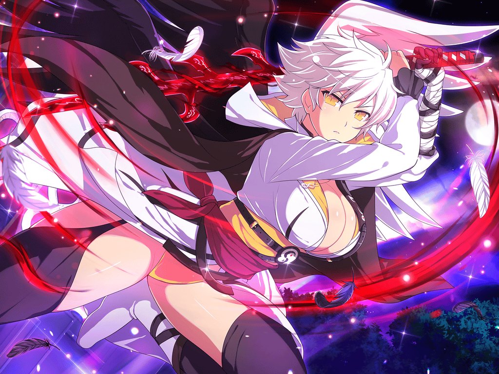 1girl asymmetrical_sleeves bandaged_arm bandages black_cape black_fire black_garter_straps black_thighhighs black_wings blush breasts cape capelet cleavage feathered_wings feathers fire flying forest full_moon garter_straps holding holding_sword holding_weapon infinity_symbol katana large_breasts light_particles looking_at_viewer low_neckline midair miyabi_(senran_kagura) moon moonlight multiple_wings nature night night_sky obi official_art open_clothes ouroboros outdoors panties red_sash sash senran_kagura senran_kagura_new_link senran_kagura_shinovi_versus seven-branched_sword shiny_skin short_hair sky slit_pupils solo sparkle star_(sky) starry_sky sword thighhighs tree tsuba_(guard) tsuka-ito tsuka_(handle) underwear uneven_sleeves weapon white_footwear white_hair white_wings wings yaegashi_nan yellow_eyes yellow_panties yellow_sash