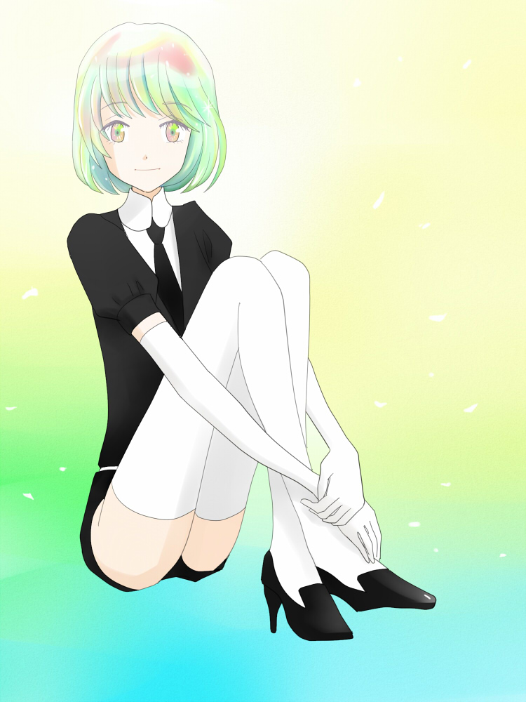 1other black_footwear black_jacket black_necktie black_shorts diamond_(houseki_no_kuni) elbow_gloves gem_uniform_(houseki_no_kuni) gloves gradient_hair green_hair high_heels houseki_no_kuni hugging_own_legs jacket knees_up kyororiworld looking_at_viewer multicolored_hair necktie nice_knee_socks_day pink_eyes puffy_short_sleeves puffy_sleeves shirt short_hair short_sleeves shorts sitting solo thighhighs white_gloves white_shirt white_thighhighs