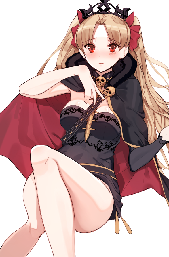 bangs bare_arms bare_legs between_breasts black_cape blonde_hair blush breasts cape commentary convenient_leg crown earrings ereshkigal_(fate/grand_order) eyebrows_visible_through_hair fate/grand_order fate_(series) feet_out_of_frame hand_on_own_chest hona_(pixiv7939518) invisible_chair jewelry long_hair looking_at_viewer medium_breasts parted_bangs parted_lips red_cape red_eyes simple_background single_sleeve sitting solo spine two_side_up white_background