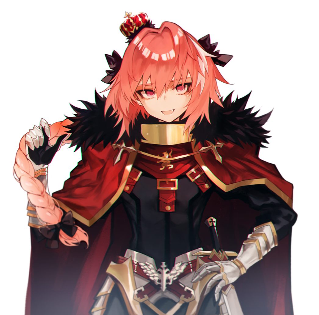 androgynous astolfo_(fate) black_bow black_ribbon bow braid cape crown fang fate/apocrypha fate/grand_order fate_(series) gauntlets hair_ribbon hand_on_hip long_braid long_hair male_focus multicolored_hair orange_eyes orange_hair otoko_no_ko pokan_(xz1128) ribbon sheath sheathed single_braid skirt sword weapon