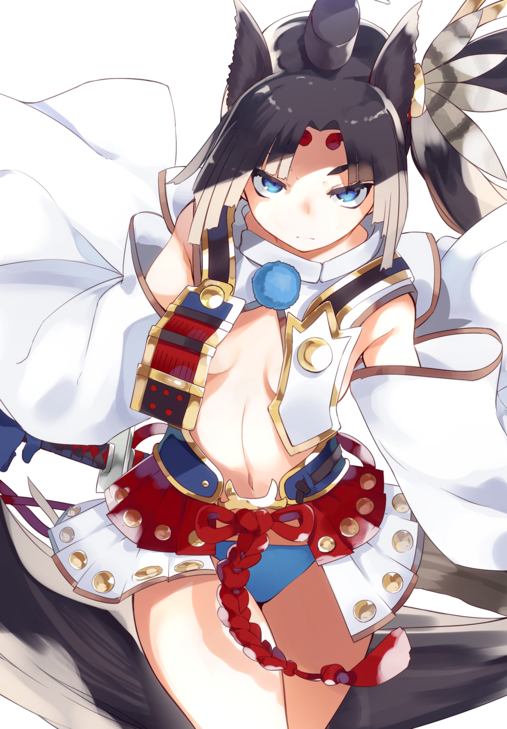absurdly_long_hair black_hair blue_eyes blue_panties breasts closed_mouth commentary_request cowboy_shot detached_sleeves facial_mark fate/grand_order fate_(series) forehead_mark gloves highres katana long_hair long_sleeves looking_at_viewer navel no_bra panties serious simple_background small_breasts solo standing sword tassel tsunekichi underwear ushiwakamaru_(fate/grand_order) very_long_hair weapon white_background wide_sleeves