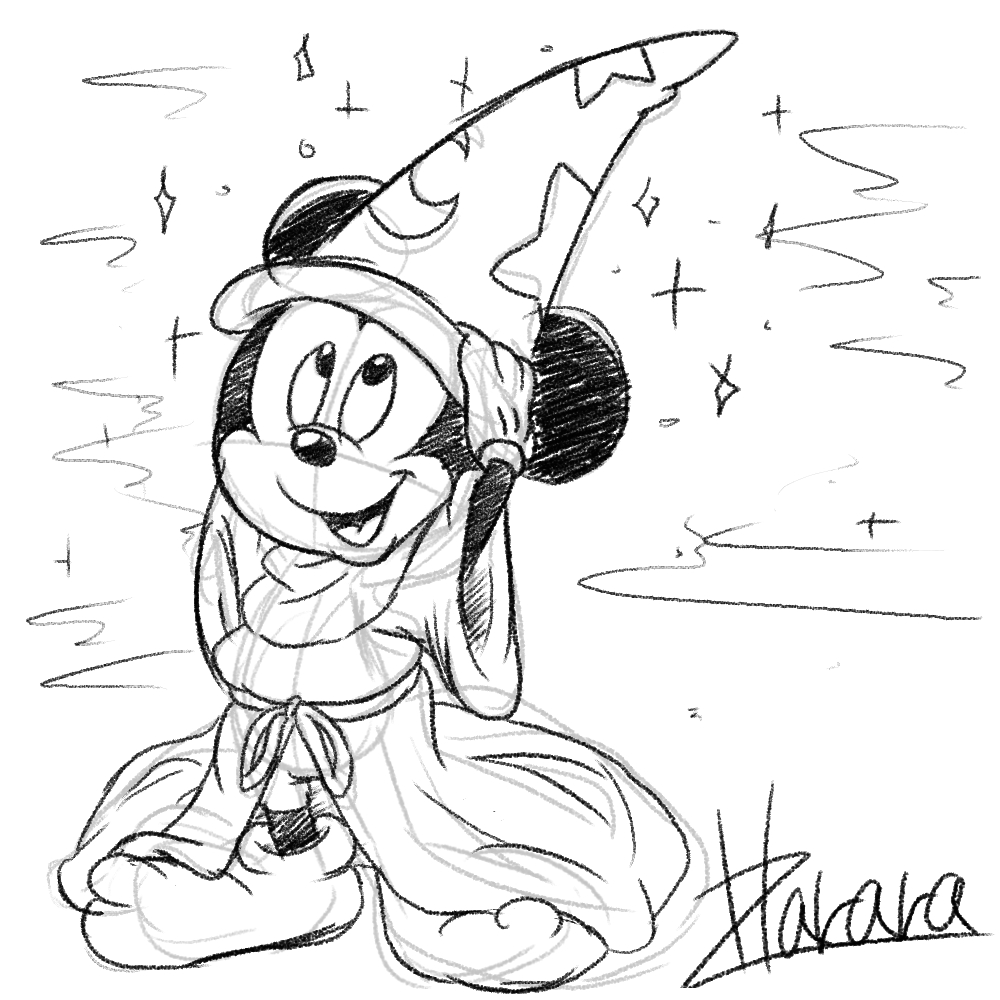 anthro clothed clothing digital_drawing_(artwork) digital_media_(artwork) disney fantasia footwear greyscale harara hat looking_up mammal mickey_mouse monochrome mouse open_mouth open_smile robe rodent round_ears shoes signature simple_background sketch smile solo sparkles white_background white_gloves