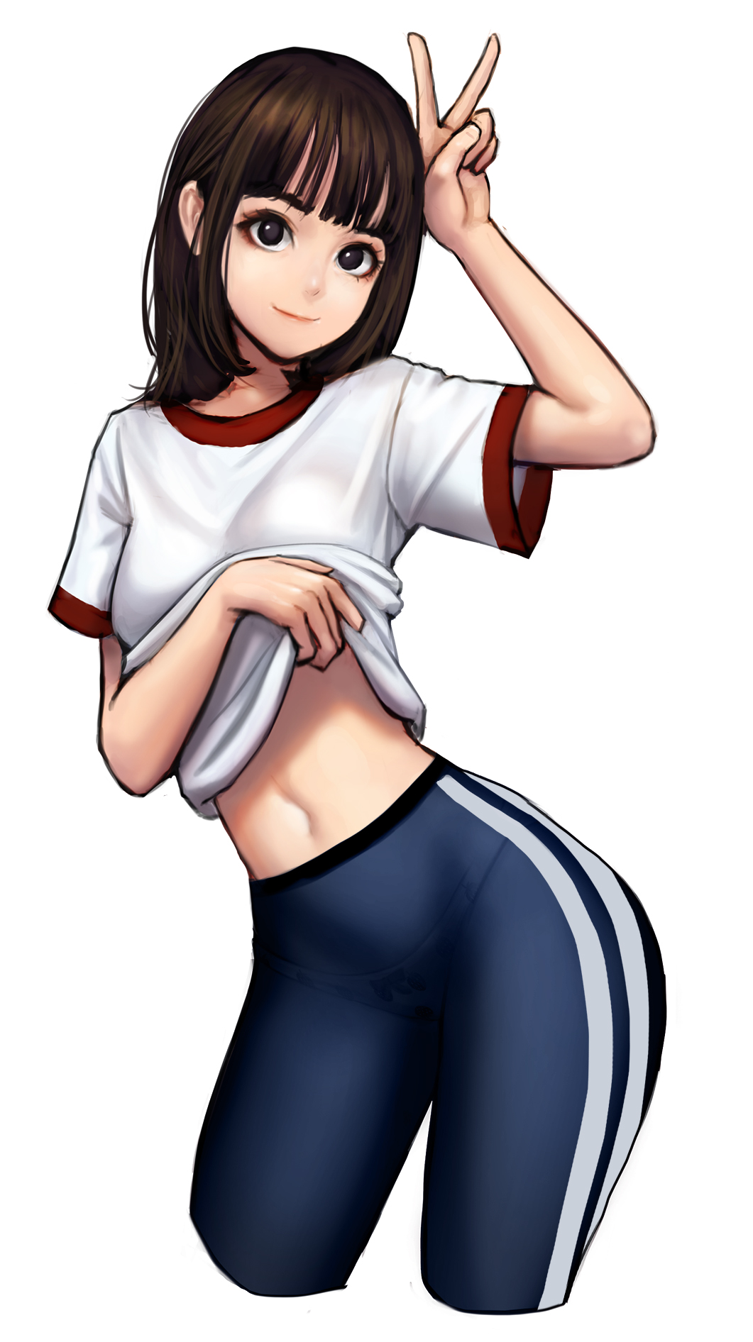 arm_up bangs black_eyes blue_pants blunt_bangs bow bow_panties closed_mouth contrapposto cropped_legs double_vertical_stripe food_print hand_on_own_head highres jungon_kim leaning_to_the_side lifted_by_self navel no_pupils original panties pants print_panties shirt shirt_lift short_hair short_sleeves simple_background smile solo standing stomach strawberry_panties strawberry_print thighs track_pants underwear v white_background white_shirt