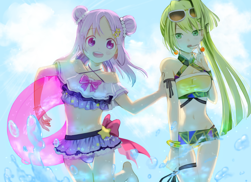 2girls :d alina_gray alina_gray_(swimsuit_costume) arm_at_side arm_ribbon backlighting beads bikini bikini_skirt black_ribbon blue_background blush bow bow_bikini bracelet cowboy_shot criss-cross_halter double_bun earrings eichiemu eyewear_on_head finger_to_mouth frilled_bikini frills green_eyes green_hair hair_beads hair_bun hair_ornament halterneck hand_up holding holding_swim_ring jewelry knee_up leg_ribbon leg_up long_hair looking_at_viewer magia_record:_mahou_shoujo_madoka_magica_gaiden mahou_shoujo_madoka_magica medium_hair misono_karin_(swimsuit_costume) multicolored_bikini multicolored_clothes multiple_girls open_mouth parted_bangs pink_bow pink_innertube print_bikini purple_eyes purple_hair ribbon smile sparkle star_(symbol) star_hair_ornament star_print sunglasses swim_ring swimsuit thigh_gap thigh_ribbon transparent_innertube very_long_hair water yellow_bikini