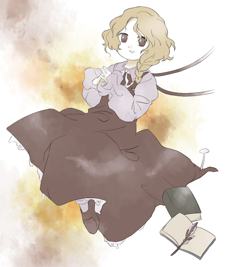 1girl :d blonde_hair book braid brown_dress brown_eyes brown_footwear dress hands_up interlocked_fingers jacket_girl_(dipp) long_hair long_sleeves nail neck_ribbon nonamejd official_style open_book ribbon shoes side_braid smile solo touhou white_ribbon zun_(style)