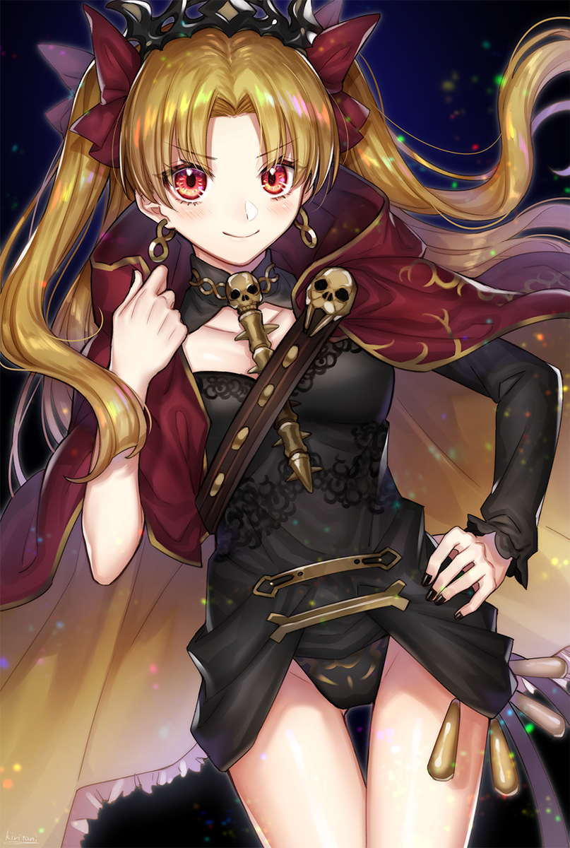&gt;:) bangs black_background black_nails blonde_hair blush cape commentary_request earrings ereshkigal_(fate/grand_order) fate/grand_order fate_(series) hair_ribbon hand_on_hip highres jewelry kiritani846 long_hair looking_at_viewer nail_polish parted_bangs red_cape red_eyes red_ribbon ribbon skull solo spine tiara twintails two_side_up v-shaped_eyebrows