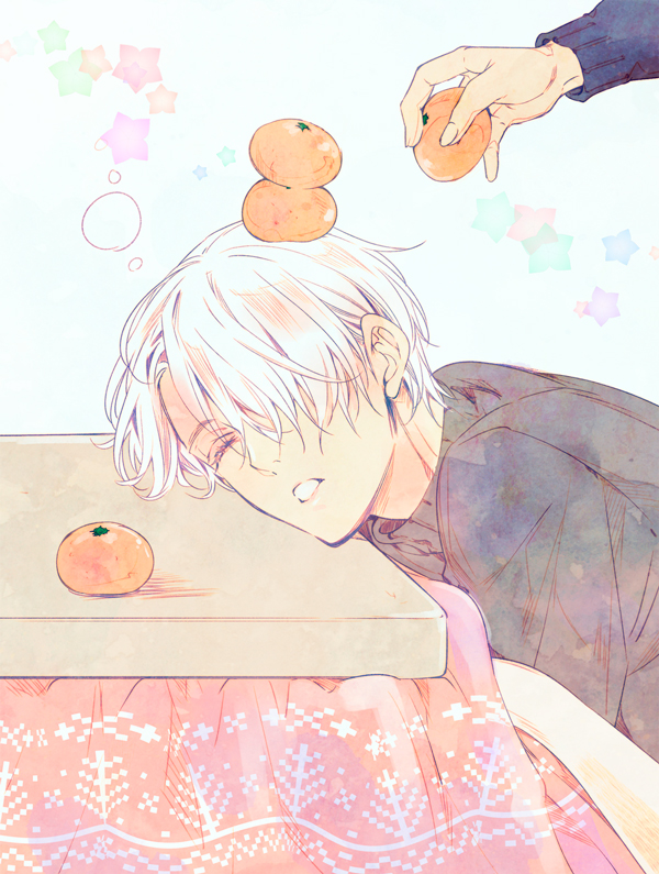 closed_eyes etou_kira food food_on_head fruit fruit_on_head hair_over_one_eye kotatsu male_focus object_on_head orange silver_hair sleeping solo_focus star sweater table viktor_nikiforov yuri!!!_on_ice