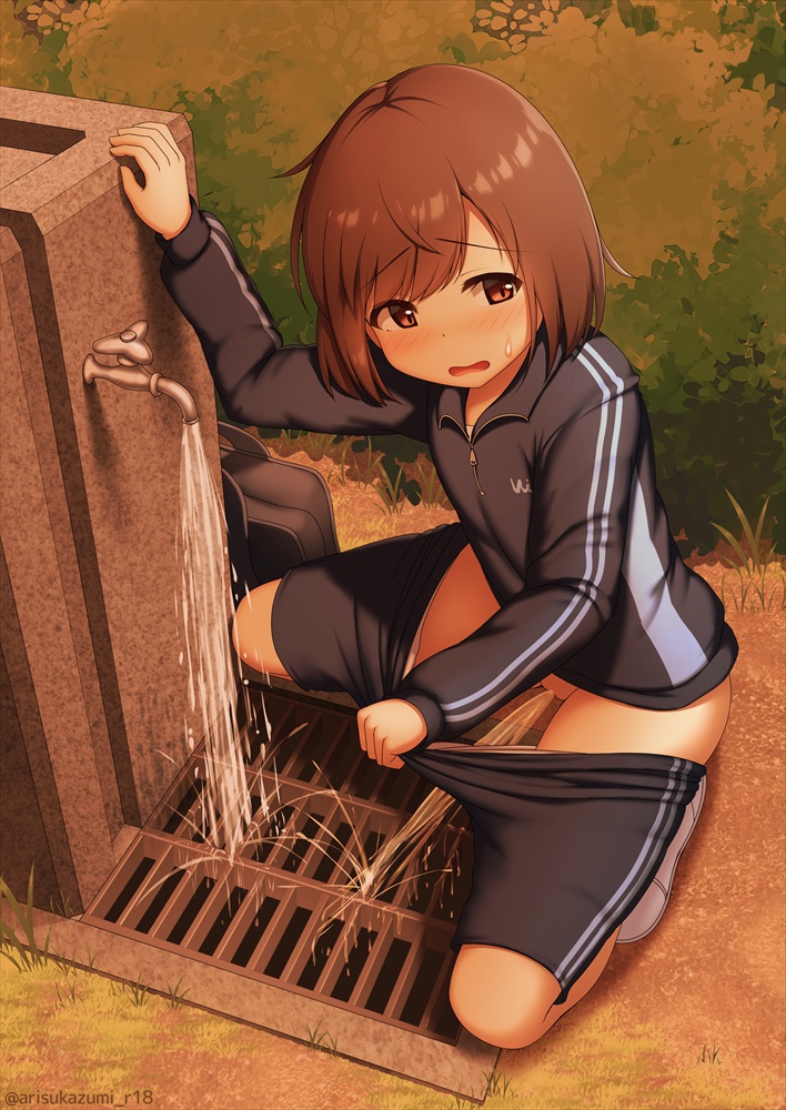1girl arisu_kazumi bag black_track_suit blush brown_eyes brown_hair bush clothes_pull commentary_request drain_(object) faucet full_body long_sleeves open_mouth original outdoors pants pants_pull peeing school_bag short_hair solo squatting sweatdrop textless_version twitter_username white_footwear