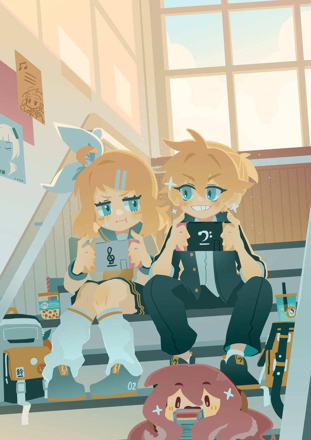 1boy 1girl :i ahoge annoyed aqua_eyes backpack bag bass_clef black_footwear black_pants blonde_hair blue_sky blush bow brother_and_sister bubble_tea cloud collared_shirt eye_contact gakuran game_boy grey_bag grey_footwear grey_sailor_collar grin hair_bow hair_ornament hairclip handheld_game_console highres holding holding_handheld_game_console jacket jitome kagamine_len kagamine_rin leg_warmers long_eyelashes long_sleeves looking_at_another loose_leg_warmer medium_hair megurine_luka neckerchief nintendo_switch no_lineart open_clothes open_jacket pants pigeon-toed pink_hair pleated_skirt poster_(object) projecttiger sailor_collar school school_uniform serafuku shirt shoes short_ponytail siblings sideways_glance sitting sitting_on_stairs skirt sky sleeves_rolled_up smile sneakers soda sparkle stairs sweatdrop swept_bangs takoluka tentacle_hair treble_clef tsurime twins unamused unbuttoned_jacket v-shaped_eyebrows vocaloid wavy_mouth white_bow white_leg_warmers white_shirt window yellow_bag yellow_nails yellow_neckerchief