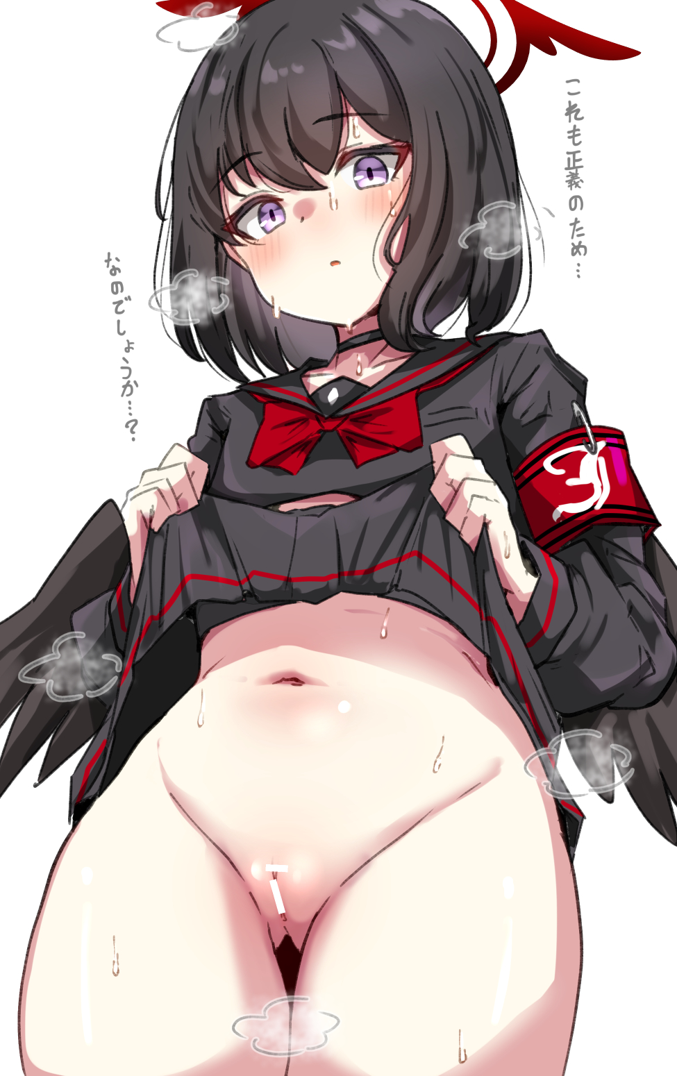 1girl armband bar_censor black_choker black_hair black_serafuku black_shirt black_skirt black_wings blue_archive blush bow bowtie censored choker clothes_lift commentary_request cowboy_shot crop_top feathered_wings halo high-waist_skirt highres lifted_by_self long_sleeves low_wings machismo_fuji mashiro_(blue_archive) midriff navel pleated_skirt purple_eyes pussy red_armband red_bow red_bowtie red_halo school_uniform serafuku shirt short_hair simple_background skirt skirt_lift solo stomach sweat thigh_gap translated white_background winged_halo wings