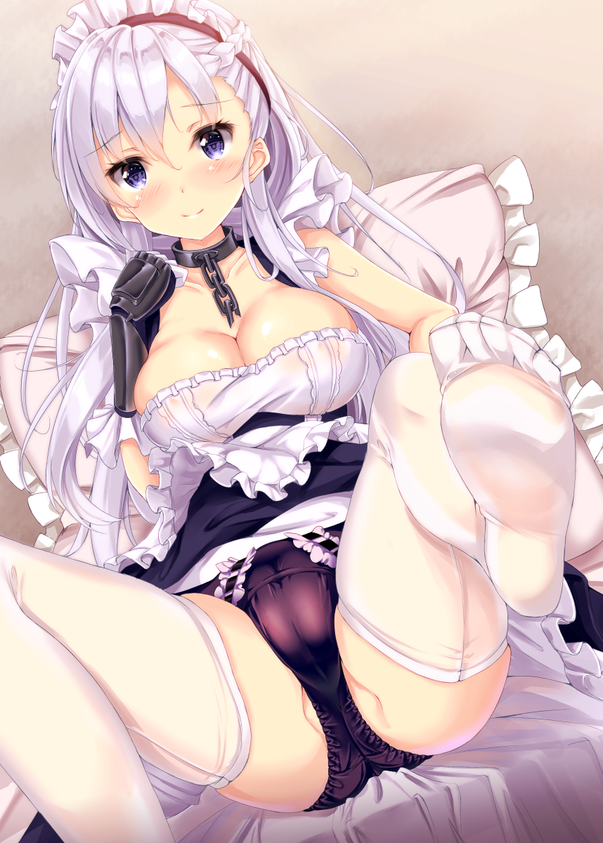 apron azur_lane bare_shoulders belfast_(azur_lane) blue_dress blush braid breasts broken broken_chain chain cleavage closed_mouth collar commentary dress dress_lift eyebrows_visible_through_hair feet french_braid frilled_sleeves frills fukuda_shuushi gloves highres leg_up long_hair looking_at_viewer maid_apron maid_headdress medium_breasts no_shoes on_bed panties pillow purple_eyes silver_hair sitting sitting_on_bed smile soles solo spread_legs thighhighs underwear white_apron white_legwear