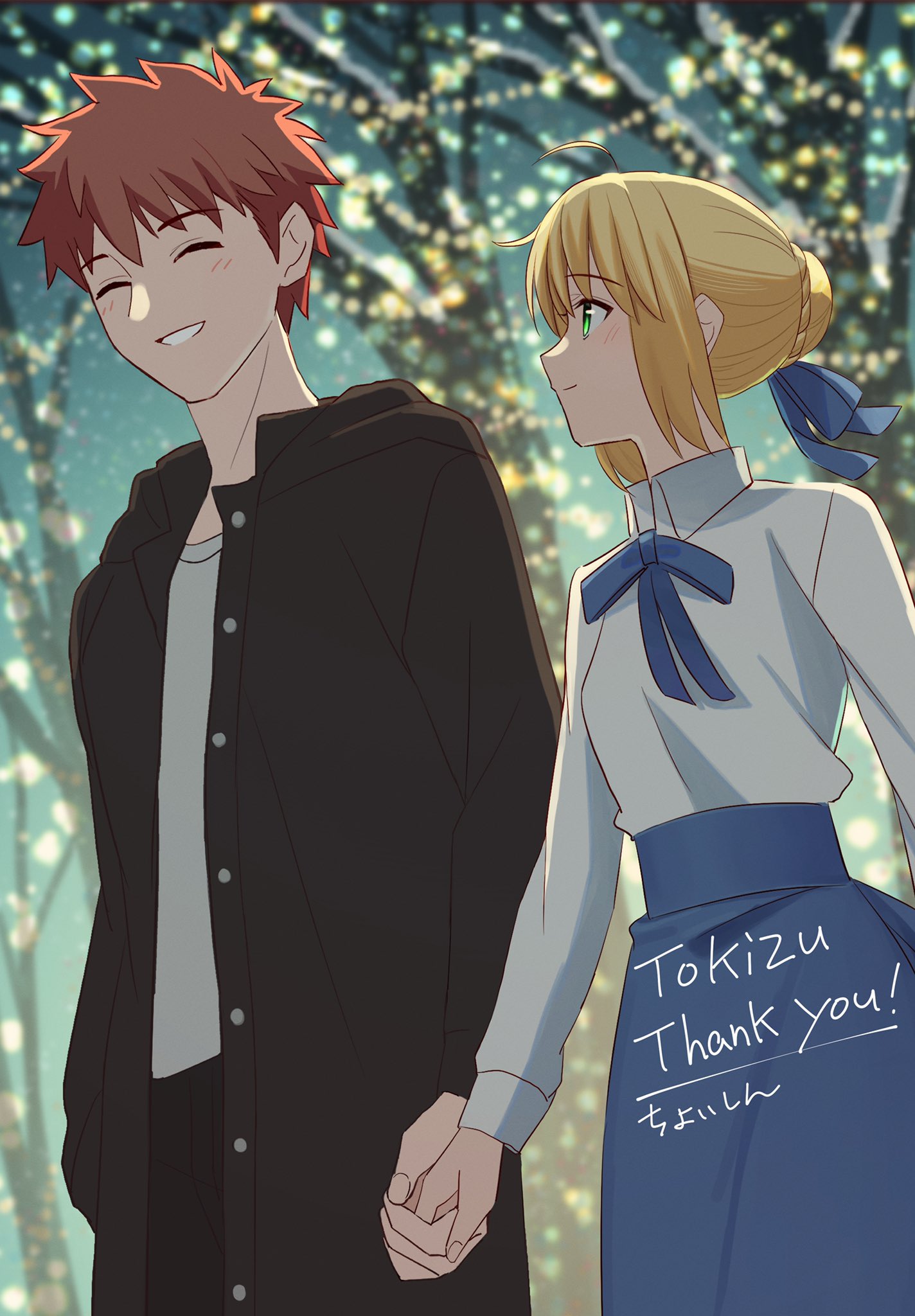 1boy 1girl ahoge artoria_pendragon_(fate) black_jacket black_pants blonde_hair blue_ribbon blue_skirt blush braid buttons closed_eyes closed_mouth collared_shirt commentary_request commission emiya_shirou fate/stay_night fate_(series) french_braid green_eyes grin highres holding_hands jacket looking_at_another looking_at_viewer mixed-language_commentary neck_ribbon open_clothes open_jacket pants pointy_hair red_hair ribbon saber_(fate) shintyoi2 shirt short_hair sidelocks skirt smile white_shirt