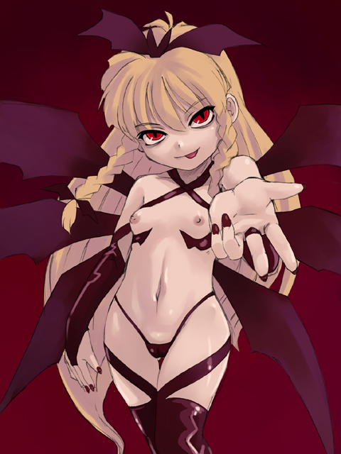1girl :p blonde_hair braid breasts cameltoe castlevania castlevania:_rondo_of_blood demon_girl female long_hair maria_renard midriff navel red_eyes slit_pupils small_breasts solo stupa13a thighhighs wings