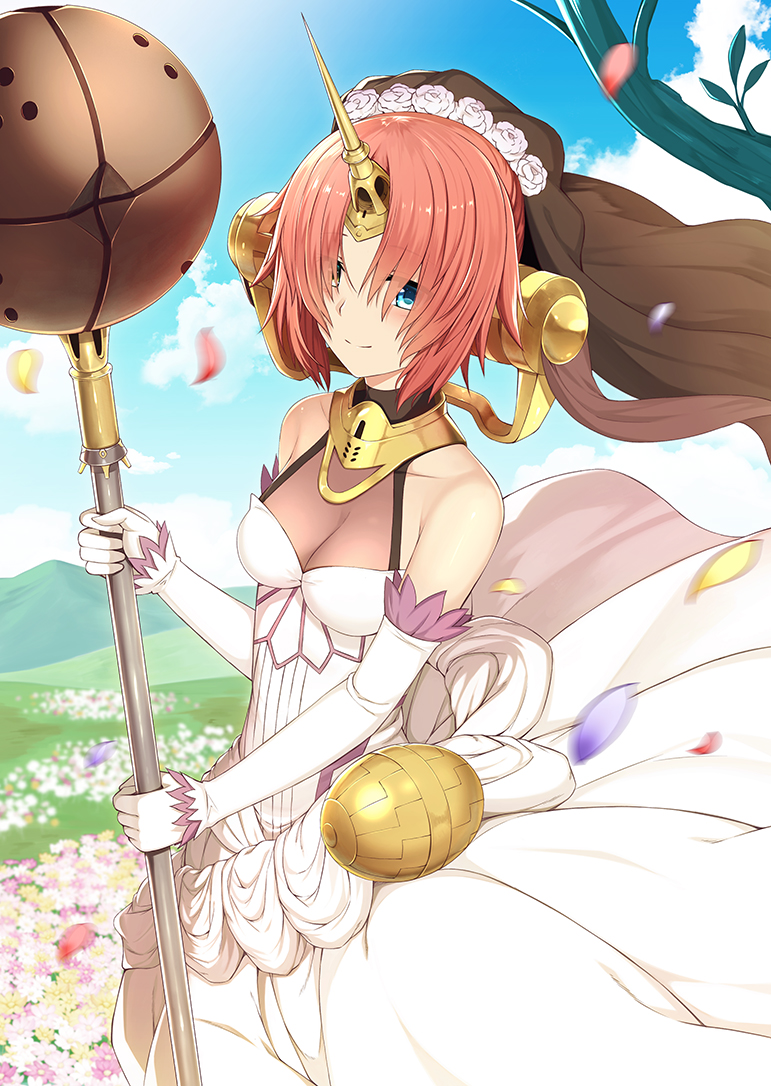 benitsuki_tsubasa blue_eyes blush closed_mouth commentary_request day dress fate/apocrypha fate_(series) frankenstein's_monster_(fate) heterochromia horn looking_at_viewer mace outdoors petals pink_hair short_hair smile solo veil weapon white_dress yellow_eyes
