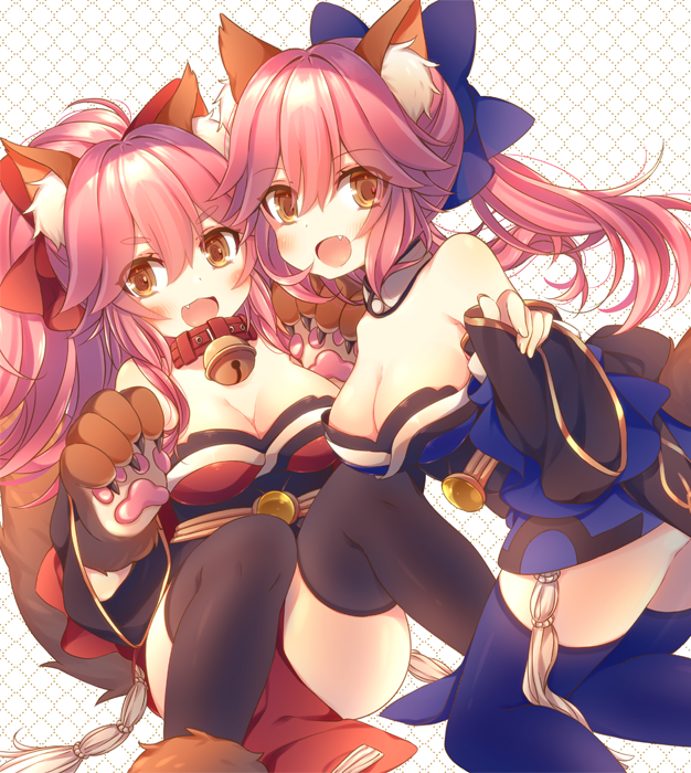 animal_ears anju_(mocomocousagi) bare_shoulders bell bell_collar black_legwear blue_legwear blush breasts cat_paws cleavage collar commentary_request detached_sleeves dual_persona fangs fate/grand_order fate_(series) fox_ears fox_tail gloves hair_ribbon japanese_clothes jingle_bell large_breasts long_hair looking_at_viewer multiple_girls open_mouth paw_gloves paw_shoes paws pink_hair ponytail ribbon shoes tail tamamo_(fate)_(all) tamamo_cat_(fate) tamamo_no_mae_(fate) thighhighs yellow_eyes