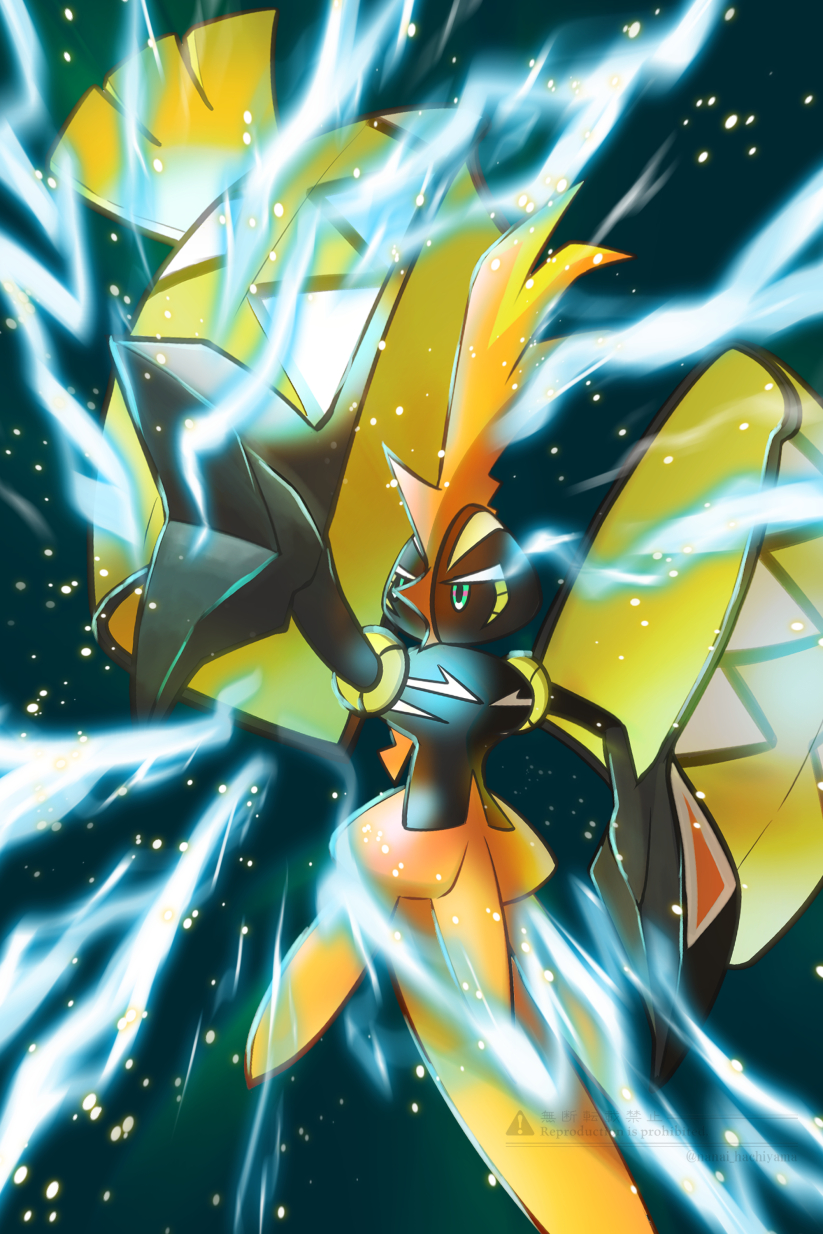 beak black_background black_skin colored_skin commentary_request electricity green_eyes highres looking_to_the_side nanai_hachiyama no_humans outstretched_arm plume pokemon pokemon_(creature) solo tapu_koko