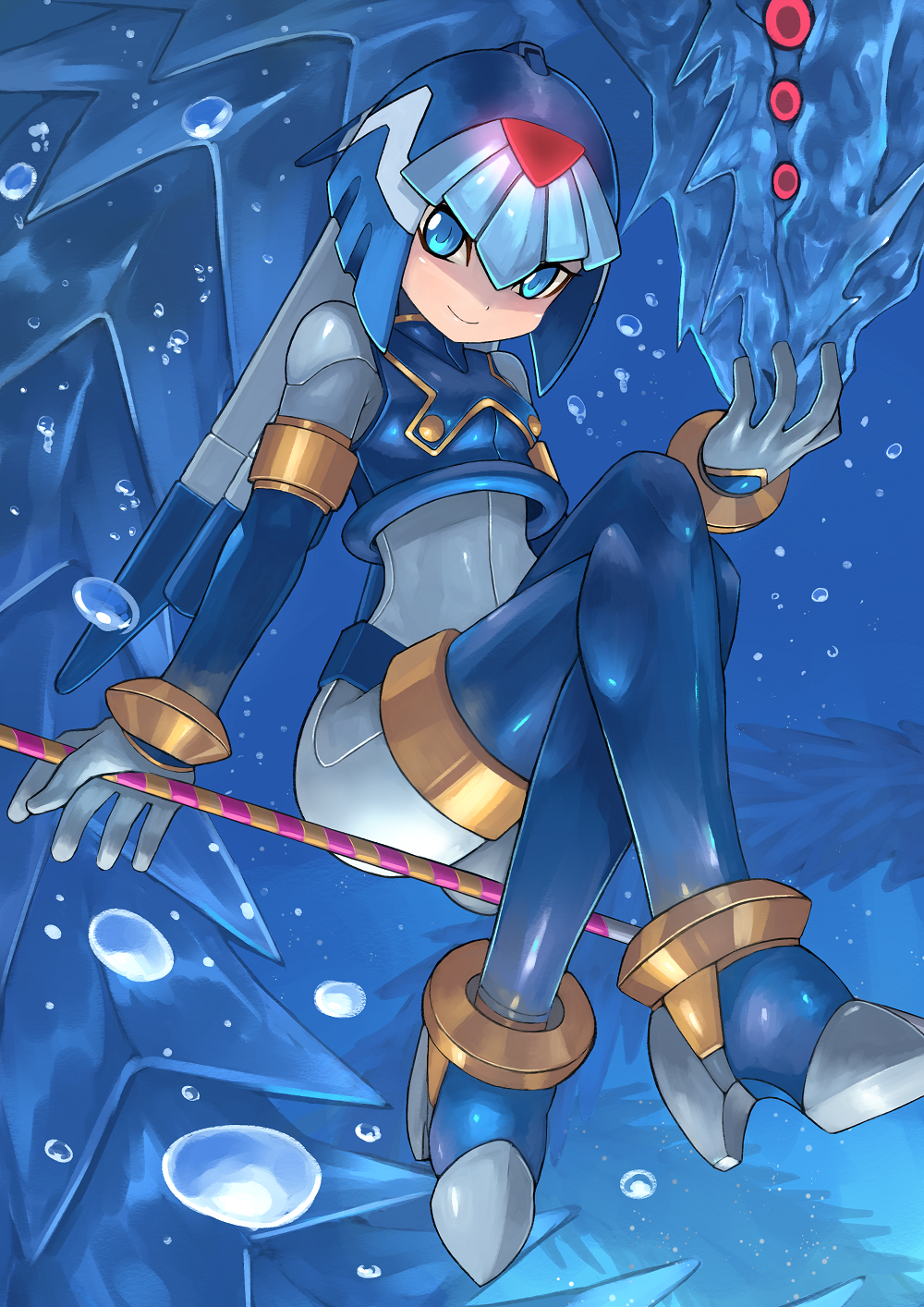 android arm_support blue_eyes bodystocking bodysuit boots bracelet breasts bubble commentary_request crossed_legs dragon extra_eyes gloves headgear helmet high_heels highres ice ice_dragon jewelry leviathan_(rockman) looking_at_viewer looking_down polearm rockman rockman_zero sitting small_breasts smile solo spear tesshii_(riza4828) thigh_boots thighhighs underwater weapon white_gloves