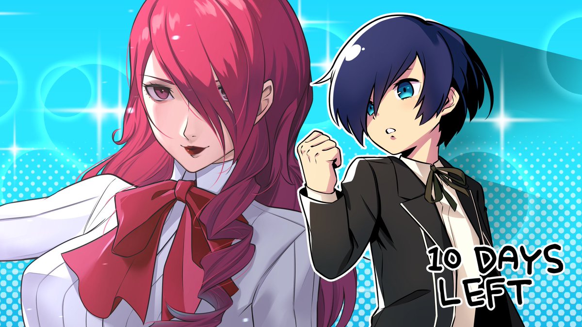 1boy 1girl black_suit blue_hair breasts collared_shirt countdown english_text formal hair_over_one_eye jacket kirijou_mitsuru lipstick long_hair makeup parted_lips persona persona_3 persona_3_reload red_eyes red_hair ribbon shirt short_hair smile suit suit_jacket upper_body wanderstillart yuuki_makoto