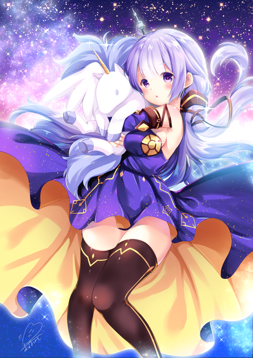 azuma_yuki azur_lane bangs bare_shoulders black_legwear black_ribbon blush breasts commentary_request cosplay detached_sleeves dress eyebrows_visible_through_hair hair_ribbon large_breasts long_hair looking_at_viewer parted_lips purple_dress purple_eyes purple_hair ribbon signature solo space sparkle star_(sky) stuffed_alicorn stuffed_animal stuffed_toy thighhighs unicorn_(azur_lane) very_long_hair vocaloid xingchen xingchen_(cosplay)