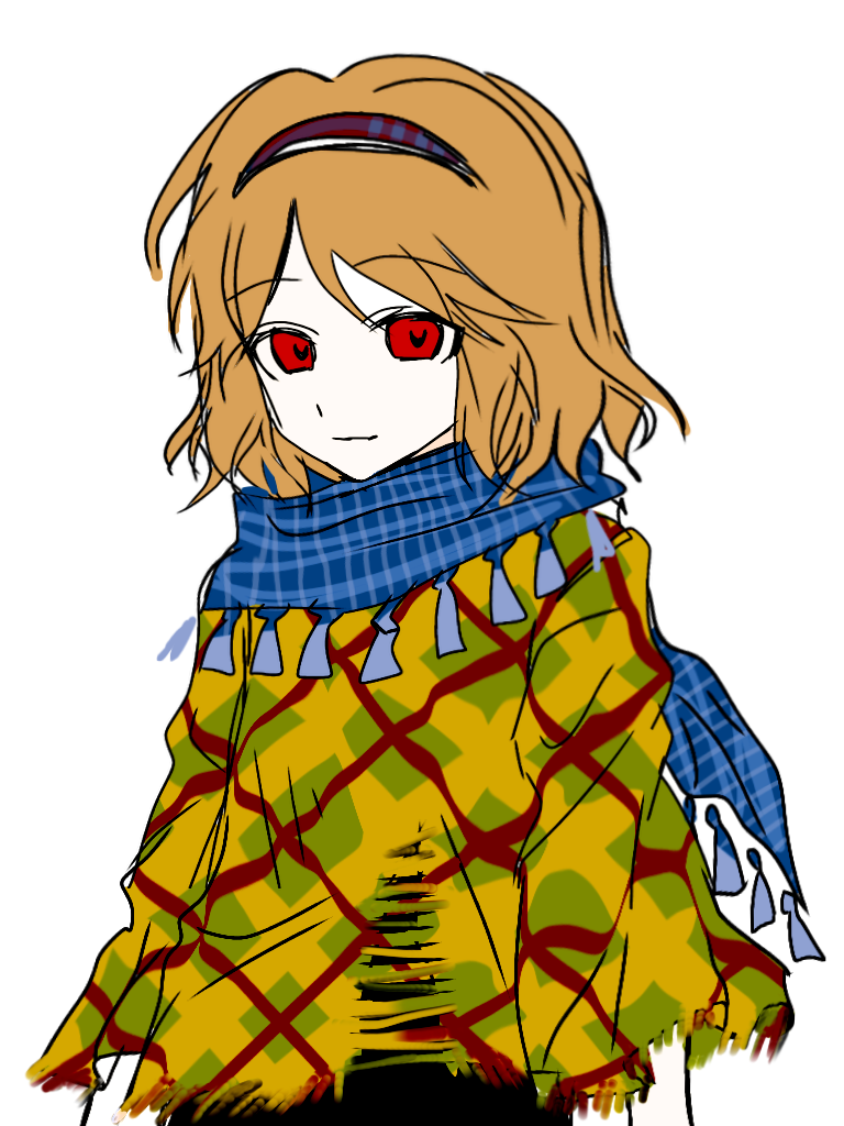 1other adapted_costume androgynous bingkuaihei blue_scarf chinese_commentary closed_mouth colored_skin commentary_request green_poncho hair_intakes hairband len'en medium_hair orange_hair other_focus plaid plaid_scarf poncho red_eyes red_hairband scarf sketch smile solo tassel upper_body white_skin zuifeng_tenkai