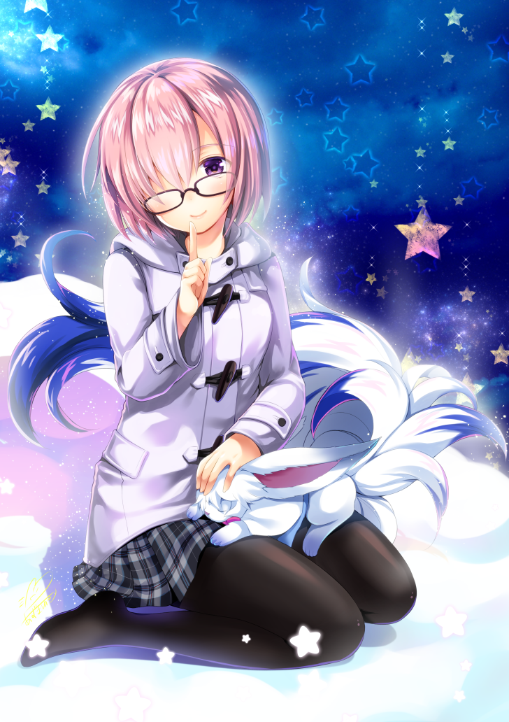 azuma_yuki black-framed_eyewear black_skirt blush closed_mouth creature duffel_coat fate/grand_order fate_(series) full_body glasses hair_over_one_eye hand_on_another's_head index_finger_raised knees_together_feet_apart light_particles lips long_sleeves looking_at_viewer mash_kyrielight no_shoes pantyhose petting pink_hair plaid plaid_skirt purple_eyes shiny shiny_hair short_hair signature sitting skirt sky smile star star_(sky) starry_sky tareme wariza white_coat