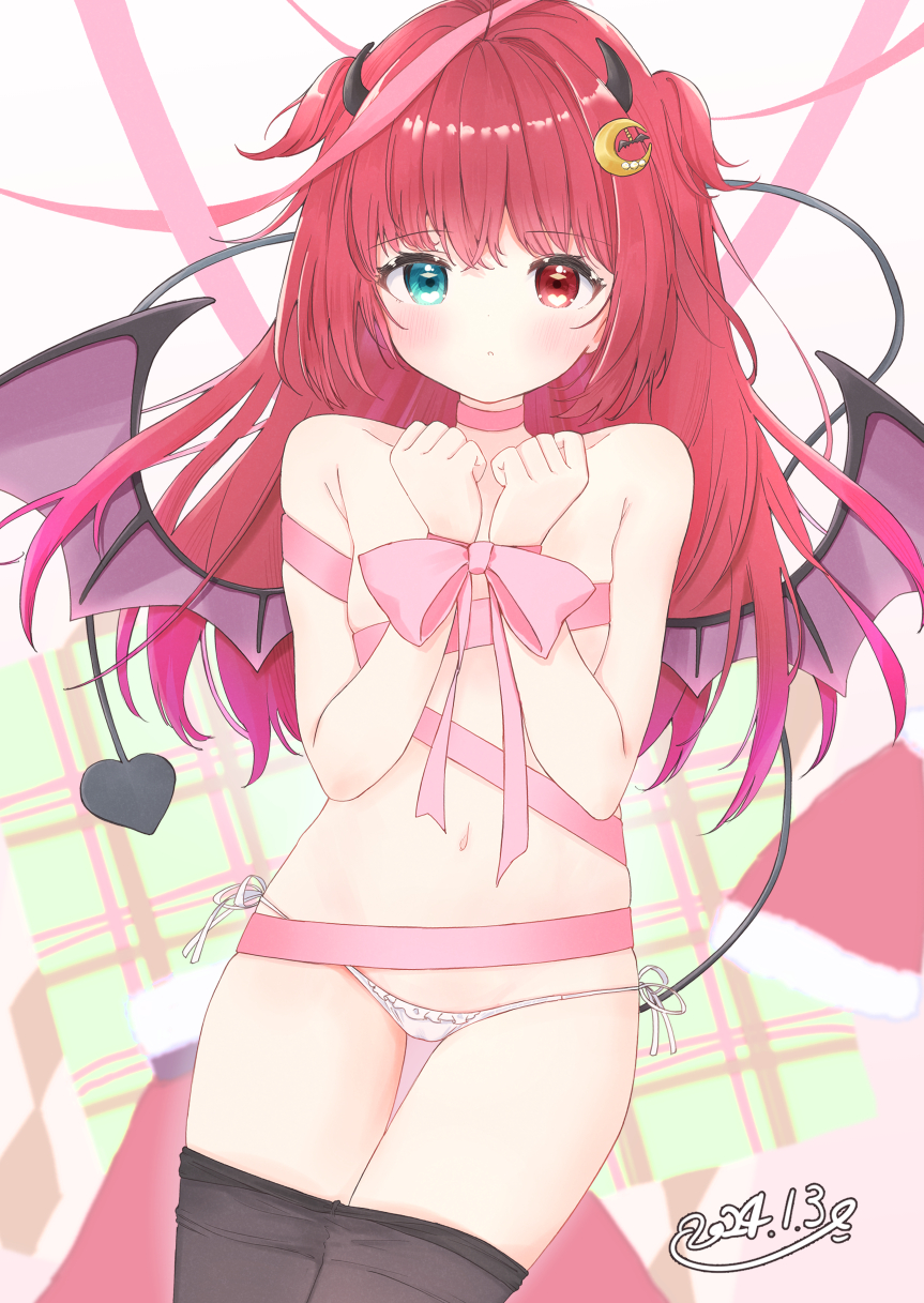 black_horns blue_eyes bound choker clothes_pull commentary crescent crescent_hair_ornament demon_girl demon_horns demon_tail demon_wings hair_ornament heterochromia highres horns long_hair naked_ribbon nijisanji panties pantyhose pantyhose_pull pink_choker pink_ribbon purple_wings red_eyes red_hair ribbon ribbon_bondage shiisaa3 symbol-only_commentary tail two_side_up underwear virtual_youtuber white_panties wings yuzuki_roa