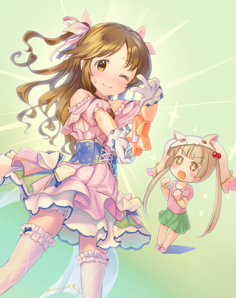 2girls bare_shoulders bow brown_eyes brown_hair chibi dress gradient_background green_background hair_bow holding idol idolmaster idolmaster_cinderella_girls kawaseki legs_apart legwear_garter long_hair looking_at_viewer multiple_girls one_eye_closed one_side_up pink_bow pink_dress short_sleeves smile standing star-shaped_pupils star_(symbol) symbol-shaped_pupils takamori_aiko thighhighs v white_thighhighs yokoyama_chika zettai_ryouiki