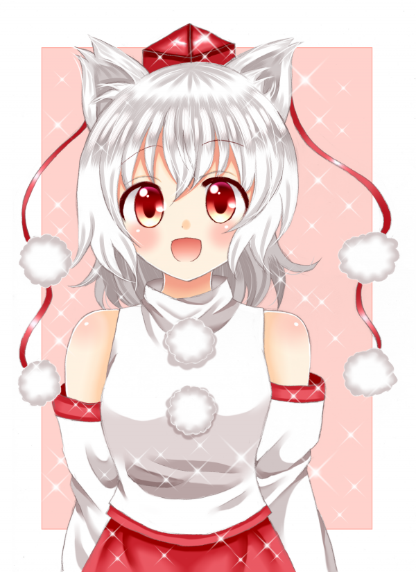 amiguri animal_ears bare_shoulders blush breasts detached_sleeves graphite_(medium) hat inubashiri_momiji leaf looking_at_viewer maple_leaf medium_breasts open_mouth pom_pom_(clothes) red_eyes ribbon-trimmed_sleeves ribbon_trim short_hair silver_hair solo tail tokin_hat touhou traditional_media wide_sleeves wolf_ears wolf_tail