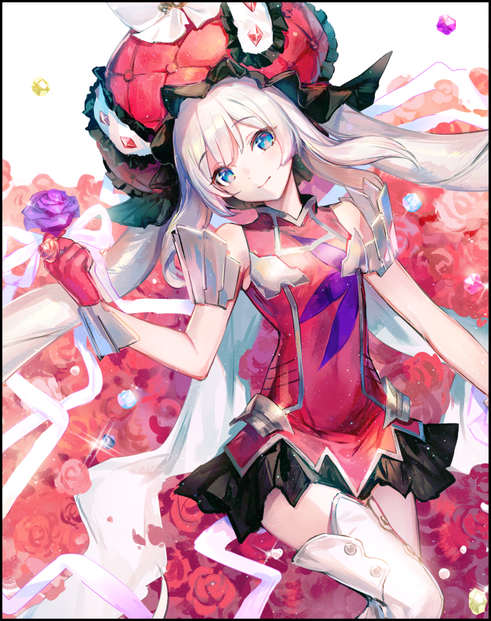 azutarou bangs black_border black_skirt blue_eyes blush boots border closed_mouth commentary_request dress eyebrows_visible_through_hair fate/grand_order fate_(series) flower frilled_hat frills gem gloves hair_between_eyes hat head_tilt holding holding_flower long_hair looking_at_viewer marie_antoinette_(fate/grand_order) purple_flower purple_rose red_dress red_flower red_gloves red_hat red_rose rose silver_hair skirt sleeveless sleeveless_dress smile solo thigh_boots thighhighs twintails very_long_hair white_footwear white_legwear