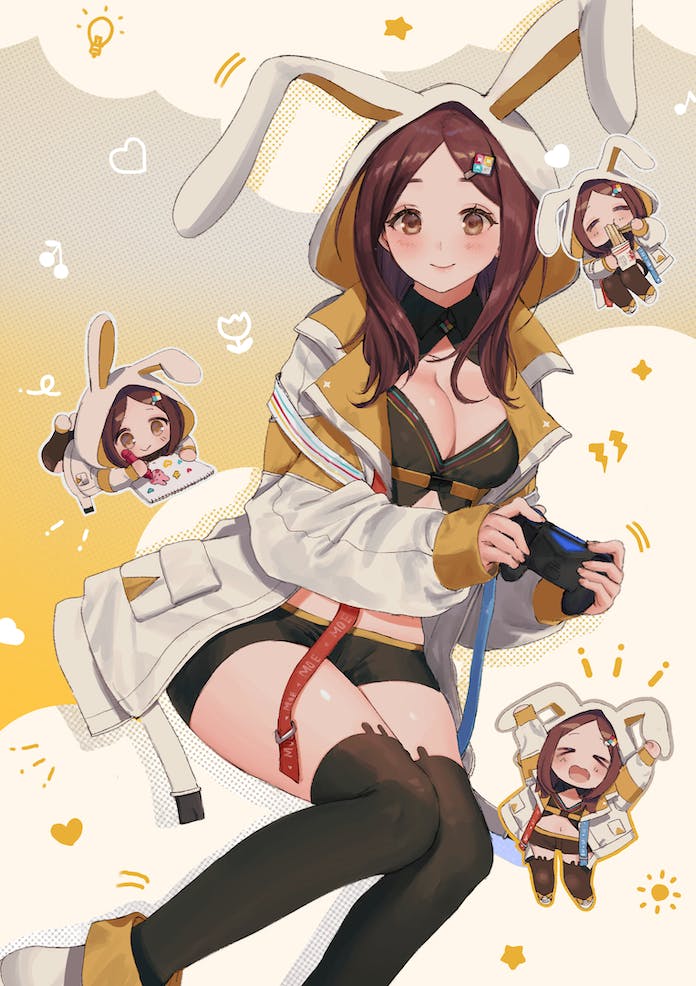 &gt;_&lt; 1girl animal_ears animal_hood black_shorts black_thighhighs blush breasts brown_hair chibi chibi_inset cleavage cleavage_cutout closed_mouth clothing_cutout commentary_request commission controller drawing_(action) eating fake_animal_ears feet_out_of_frame game_controller gigi_(kamaniki) hair_ornament halftone holding holding_controller holding_game_controller hood hood_up hooded_jacket indie_virtual_youtuber jacket jpeg_artifacts long_hair looking_at_viewer medium_breasts motion_lines notice_lines open_clothes open_jacket open_mouth orange_jacket outstretched_arms parted_bangs rabbit_ears short_shorts shorts shrug_(clothing) skeb_commission sleeves_past_wrists smile solo star_(symbol) strap sun_symbol thighhighs two-sided_fabric two-sided_jacket virtual_youtuber white_jacket yellow_eyes youichi_(45_01)