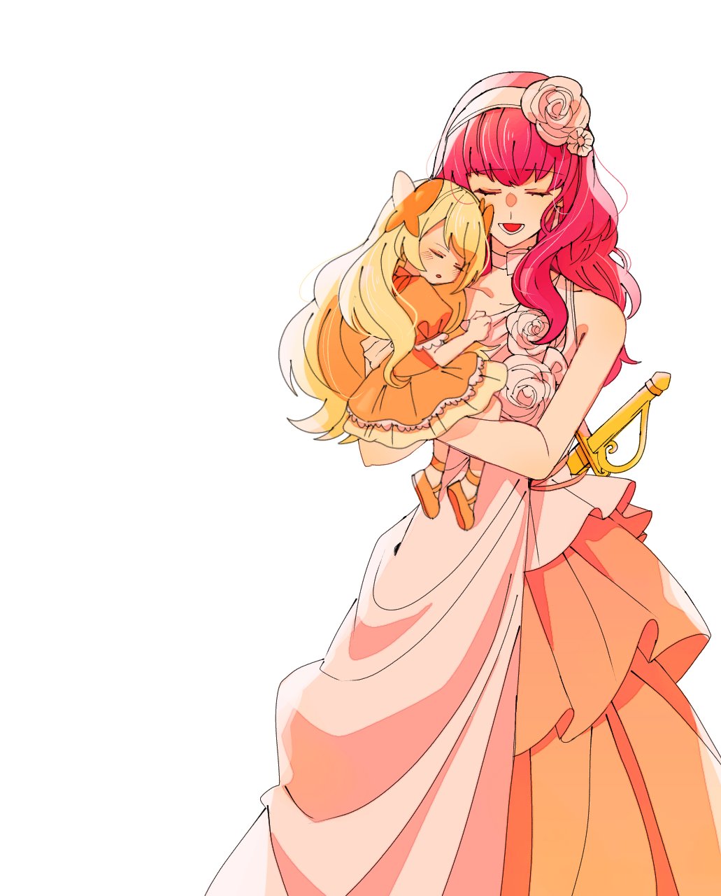 2girls :o aged_down blonde_hair carrying carrying_person celica_(fire_emblem) celine_(fire_emblem) closed_eyes commentary_request dress e8coofn0klibdx1 fire_emblem fire_emblem_echoes:_shadows_of_valentia fire_emblem_engage hair_ornament hairband highres long_hair multiple_girls open_mouth orange_dress pink_hairband puffy_short_sleeves puffy_sleeves red_hair short_sleeves simple_background sleeveless sleeveless_dress smile sword two-tone_dress weapon white_background white_dress