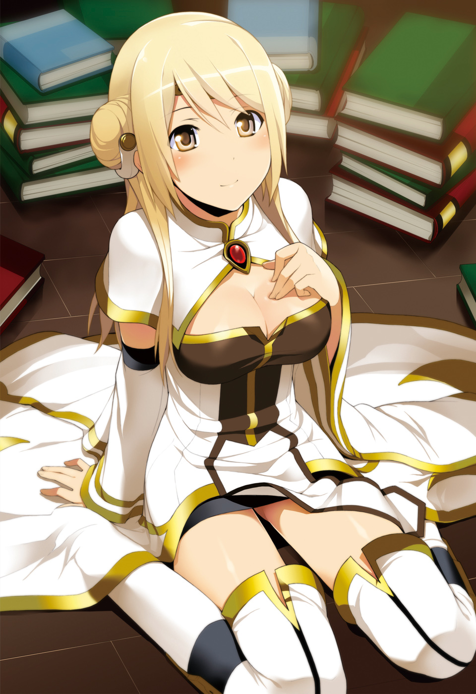 blonde_hair blush book breasts cleavage commentary_request cosmic_break detached_sleeves hair_bun hand_on_own_chest highres large_breasts long_hair resha_(cosmic_break) robe single_hair_bun sitting smile thighhighs thighs wakaba_sprout wariza