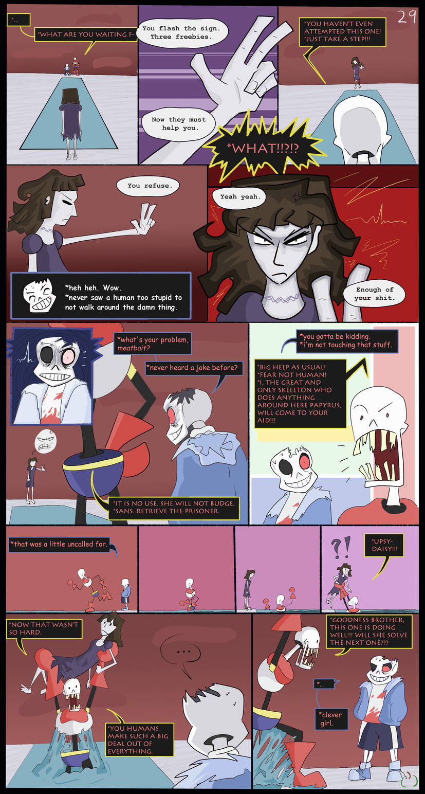 ?! aliza_(horrortale) alternate_universe barefoot bone boss_monster_(undertale) brown_hair comic dialogue english_text feet female hair hi_res horrortale human humanoid male mammal papyrus_(horrortale) papyrus_(undertale) red_eyes sans_(horrortale) sans_(undertale) skeleton snow sour-apple-studios speech_bubble teeth text undertale undertale_(series) white_body