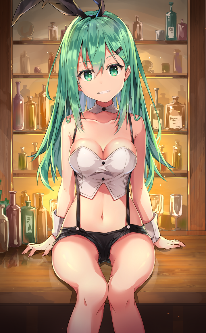 alternate_costume animal_ears aqua_eyes aqua_hair arms_at_sides bad_anatomy bangs bar bare_shoulders black_shorts bottle breasts bunny_ears cleavage collarbone counter crop_top cup detached_collar drinking_glass fake_animal_ears feet_out_of_frame grin hair_ornament hairclip indoors kantai_collection knees_together_feet_apart long_hair looking_at_viewer medium_breasts midriff navel on_counter parted_lips rin_yuu short_shorts shorts sitting smile solo straight_hair strapless suspender_shorts suspenders suzuya_(kantai_collection) tavern thigh_gap wrist_cuffs