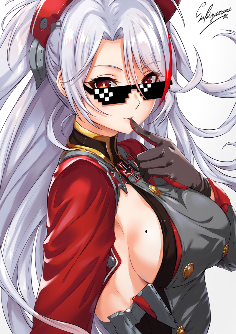 artist_name azur_lane blush breasts commentary deal_with_it eyebrows_visible_through_hair eyes_visible_through_hair finger_to_mouth gloves hair_between_eyes headgear large_breasts long_hair long_sleeves looking_at_viewer mole mole_on_breast parted_lips prinz_eugen_(azur_lane) red_eyes sakiyamama sideboob signature silver_hair simple_background smile solo sunglasses upper_body white_background