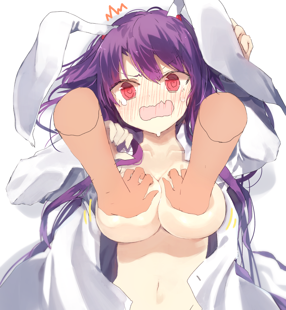 1girl @_@ blush breast_grab breasts collarbone commentary_request eyebrows_visible_through_hair full-face_blush grabbing hands_up kasuka_(kusuki) large_breasts long_hair looking_at_viewer naked_shirt navel purple_hair red_eyes reisen_udongein_inaba shirt simple_background solo_focus tears touhou upper_body wavy_mouth white_background white_shirt
