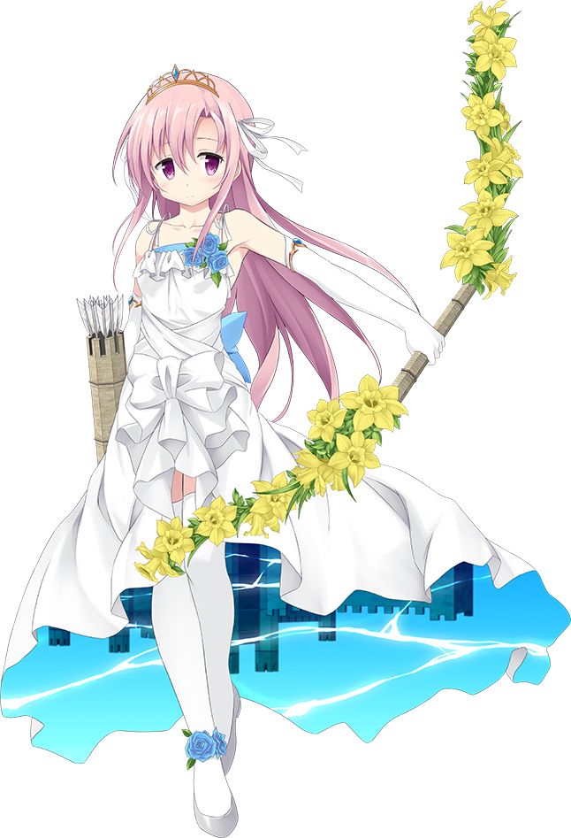 arrow artist_request bare_shoulders bow_(weapon) dress elbow_gloves flower full_body gloves grey_footwear hair_ribbon high_heels holding holding_bow_(weapon) holding_weapon leeds_(oshiro_project) long_hair official_art oshiro_project oshiro_project_re pink_hair purple_eyes quiver ribbon sleeveless sleeveless_dress solo thighhighs tiara transparent_background weapon white_dress white_gloves white_legwear white_ribbon