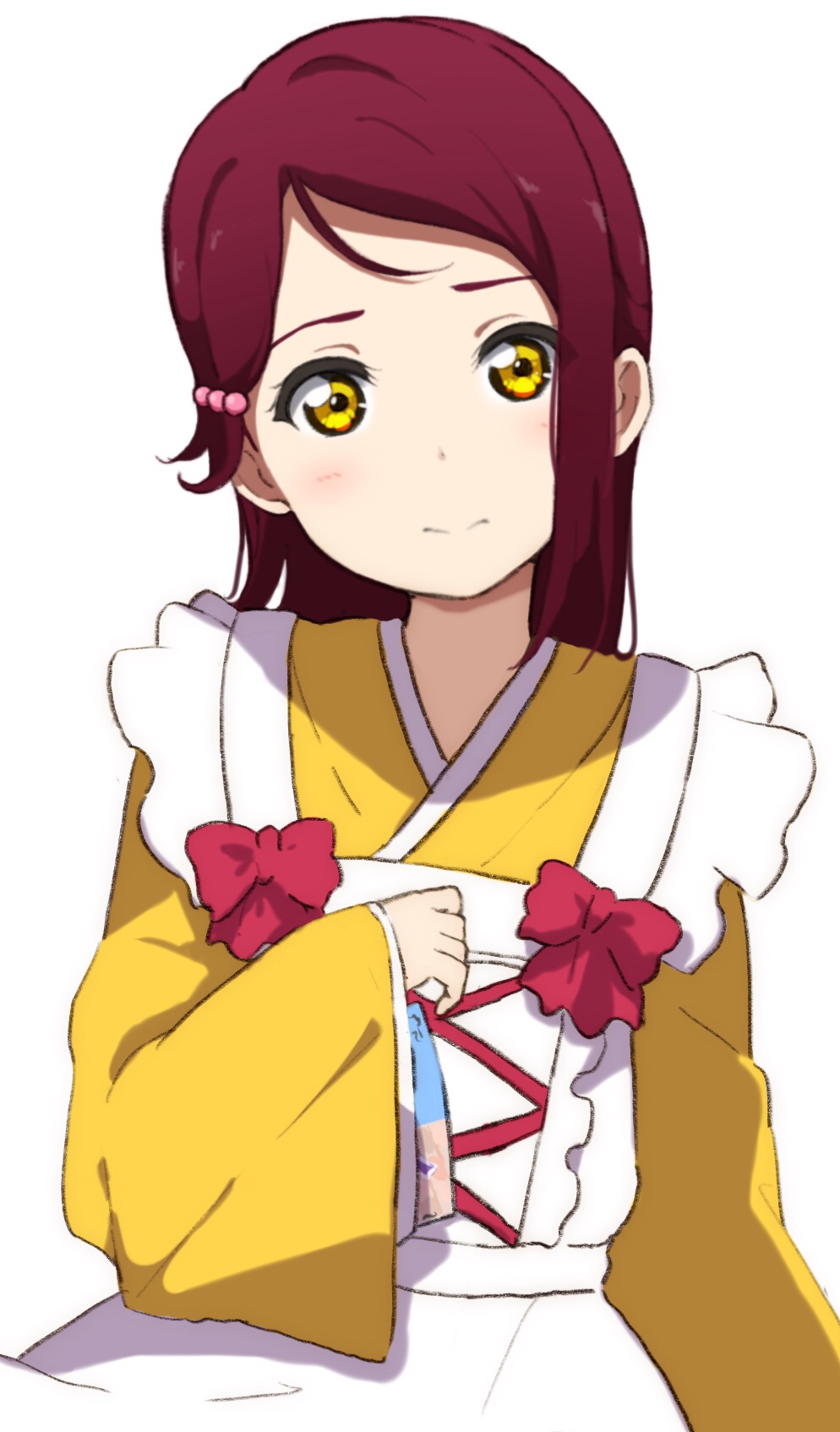 apron bad_id bad_pixiv_id bow clenched_hand cross-laced_clothes frills hair_ornament hairpin highres icehotmilktea japanese_clothes kimono long_hair long_sleeves looking_at_viewer love_live! love_live!_sunshine!! nervous_smile red_bow red_hair sakurauchi_riko simple_background solo upper_body wa_maid white_apron white_background wide_sleeves yellow_eyes yellow_kimono