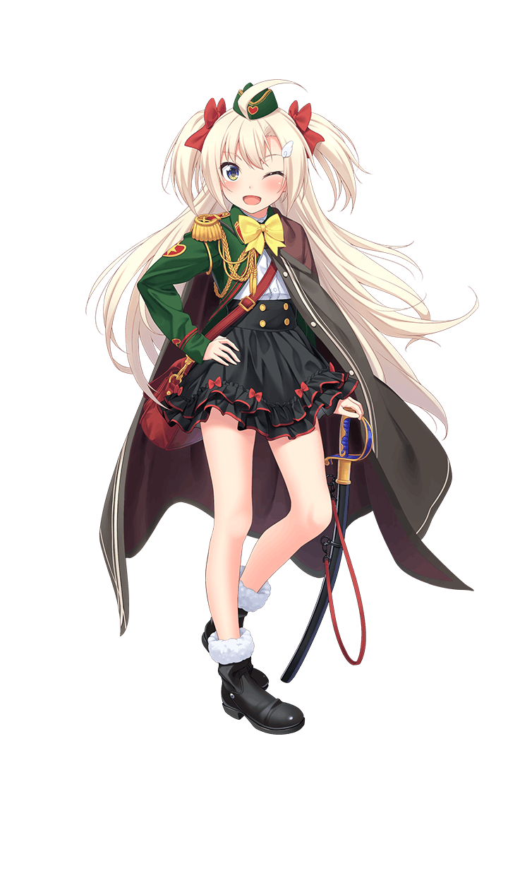 ;d ahoge black_footwear black_skirt blonde_hair blue_eyes boots bow bowtie cape crop_top epaulettes formation_girls frilled_skirt frills full_body fur-trimmed_boots fur_trim hair_ribbon hand_on_hip highres long_hair looking_at_viewer military military_uniform olga_hodrewa one_eye_closed open_mouth red_ribbon ribbon sheath sheathed skirt smile solo standing sword tenkuu_nozora transparent_background twintails uniform very_long_hair weapon yellow_bow