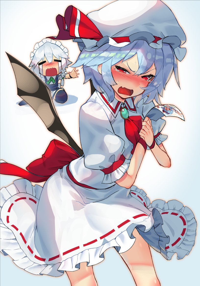 =_= apron ascot bat_wings black_legwear blue_hair bow braid brooch commentary_request crying crying_with_eyes_open dress fang frills green_bow green_neckwear hat hat_ribbon holding_photo izayoi_sakuya jewelry maid_headdress mob_cap multiple_girls open_mouth photo_(object) puffy_short_sleeves puffy_sleeves red_eyes red_neckwear red_ribbon remilia_scarlet ribbon seiza short_hair short_sleeves silver_hair sitting sukocchi tears thighhighs touhou twin_braids white_dress wings wristband