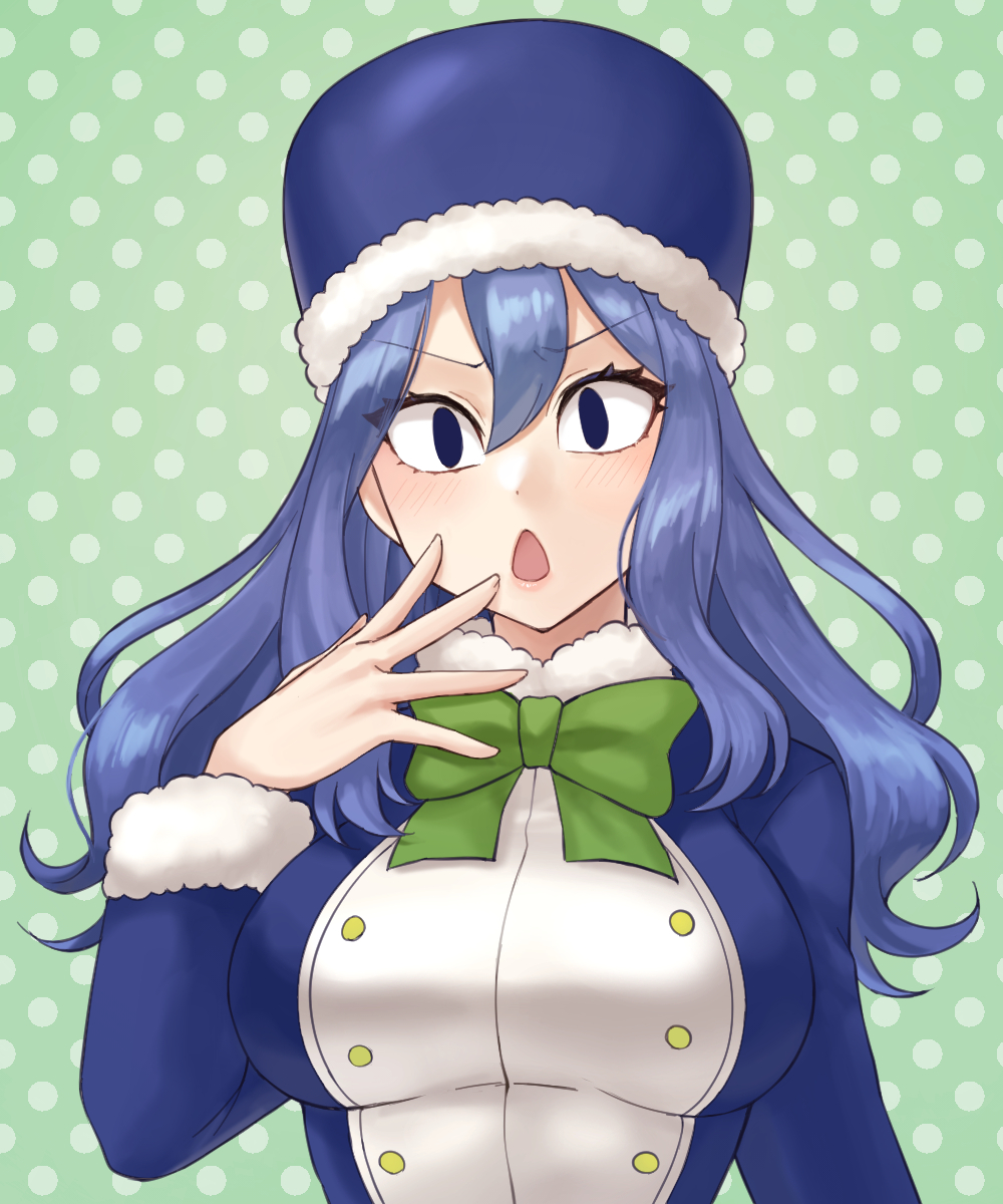 1girl black_eyes blue_hair blue_headwear blush bow bowtie breasts commentary_request commission fairy_tail fur-trimmed_sleeves fur_trim green_background green_bow green_bowtie hazuki_(nyorosuke) highres juvia_lockser large_breasts long_hair long_sleeves looking_at_viewer open_mouth polka_dot polka_dot_background solo upper_body