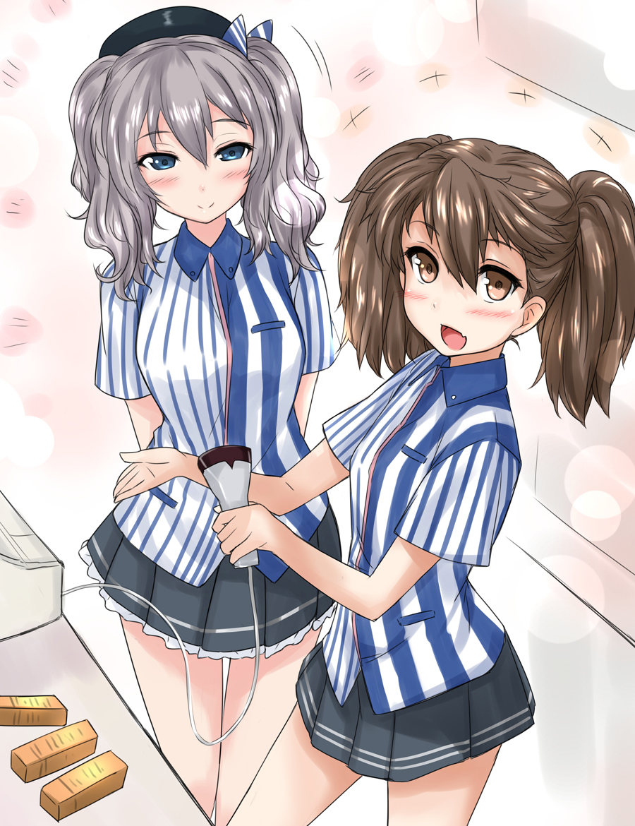 barcode_scanner beret black_skirt blue_eyes box brown_eyes brown_hair commentary_request counter cowboy_shot employee_uniform frilled_skirt frills hat kantai_collection kashima_(kantai_collection) lawson looking_at_viewer multiple_girls nukoyarou pleated_skirt ryuujou_(kantai_collection) sidelocks silver_hair skirt twintails uniform wavy_hair