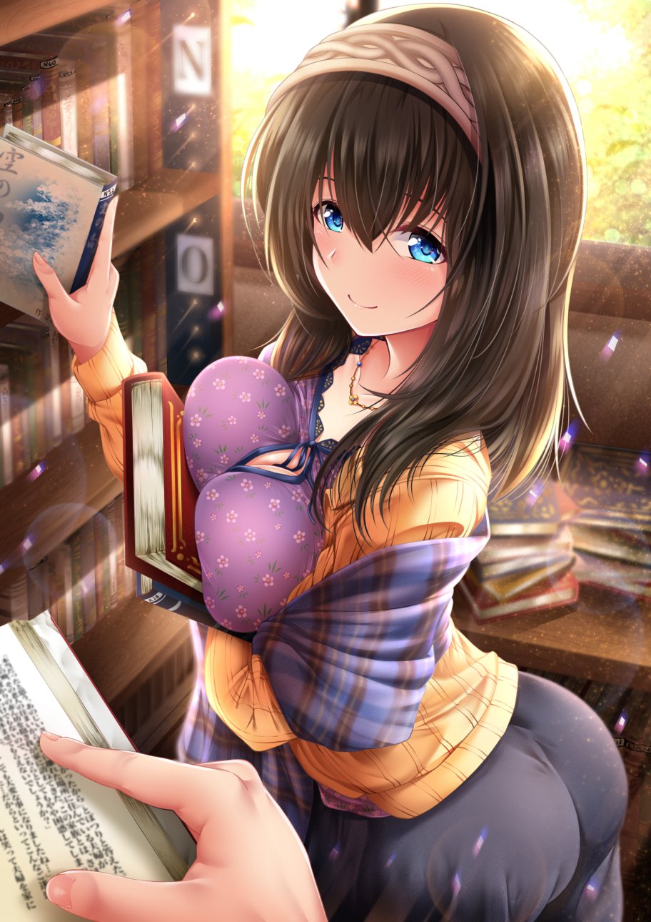 arched_back ass bangs black_hair blue_eyes blush book bookshelf breast_press breasts cleavage collarbone commentary_request floral_print garana hair_between_eyes hairband highres hips holding holding_book idolmaster idolmaster_cinderella_girls jewelry large_breasts light_particles light_rays long_hair looking_at_viewer necklace orange_sweater purple_shirt purple_skirt ribbed_sweater sagisawa_fumika shawl shirt skirt smile sweater