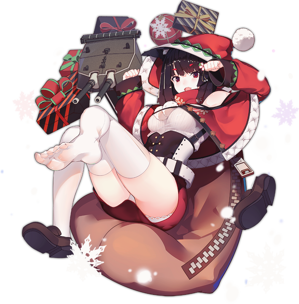 :d animal_ears azur_lane bangs bare_shoulders black_hair breasts capelet cat_ears christmas eyebrows_visible_through_hair fang feet full_body gift hood hood_up loafers long_sleeves lying machinery official_art on_back open_mouth panties pantyshot pantyshot_(sitting) rain_lan red_capelet red_eyes sack santa_costume shiny shiny_hair shirt shoes short_hair single_shoe sitting smile snow snowflakes soles solo tachi-e thighhighs tongue transparent_background underwear white_legwear white_panties white_shirt yamashiro_(azur_lane) zipper zipper_pull_tab