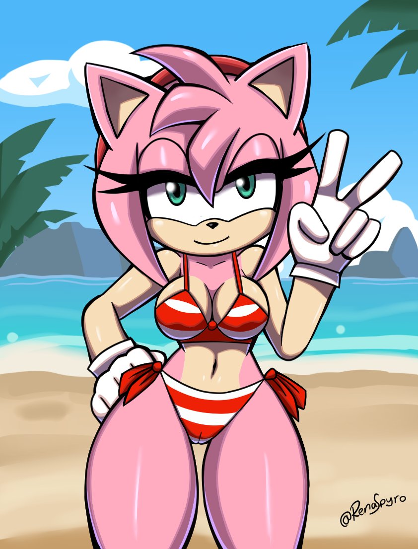 2024 accessory amy_rose anthro artist_name beach big_breasts bikini black_nose breasts camel_toe cleavage clothed clothing cloud detailed_background eulipotyphlan eyelashes female gesture gloves green_eyes hair hair_accessory hairband half-closed_eyes hand_gesture hand_on_hip handwear hedgehog looking_at_viewer mammal midriff narrowed_eyes navel outside palm_tree pink_hair plant renaspyro sand sea sega short_hair sky smile solo sonic_the_hedgehog_(series) standing swimwear thick_thighs tree v_sign water